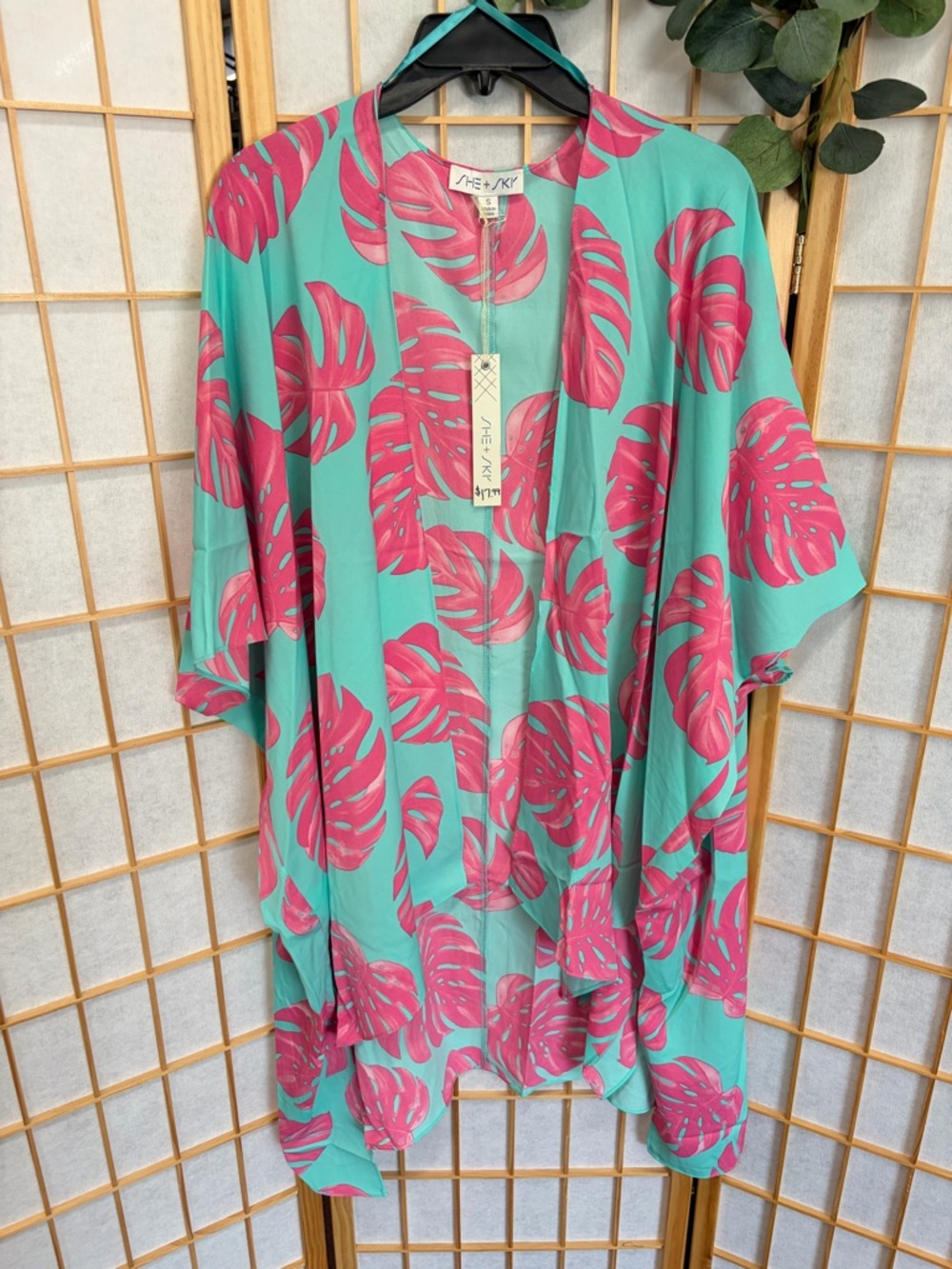 She and Sky Teal and Pink Tropical Leaf Swim Coverup